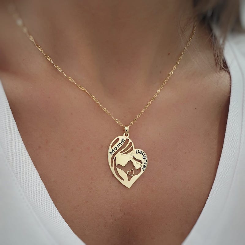 Heart shaped mother and daughter necklace with engraved names