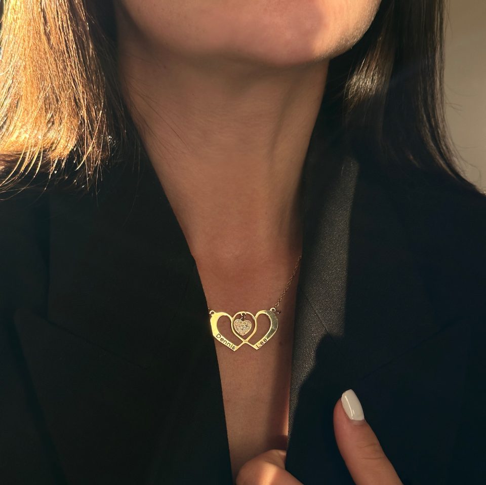 Three hearts necklace. Two necklaces with the possibility of engraving and a middle heart inlaid with gold and silver plating